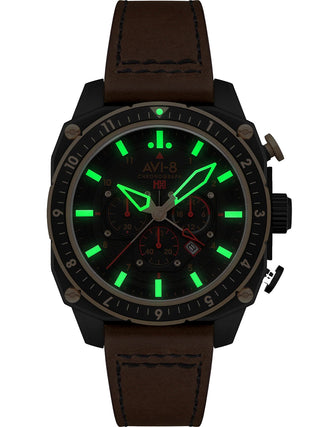 Angle shot of Avi-8 Chronograph AV-4100-09 Black Dial Brown Leather Unisex Watch on white background