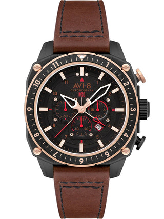 Front view of Avi-8 Chronograph AV-4100-09 Black Dial Brown Leather Unisex Watch on white background