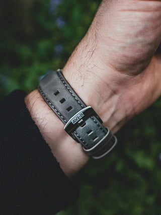 Angle shot of Avi-8 AV-4101-09 Grey Dial Blue Leather Unisex Watch on white background