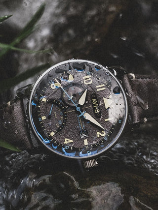 Angle shot of Avi-8 AV-4101-09 Grey Dial Blue Leather Unisex Watch on white background