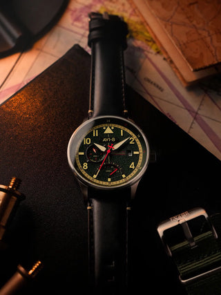 Angle shot of Avi-8 AV-4101-0A Green Dial Black Leather Unisex Watch on white background