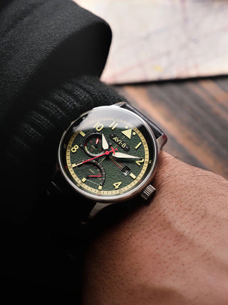 Angle shot of Avi-8 AV-4101-0A Green Dial Black Leather Unisex Watch on white background