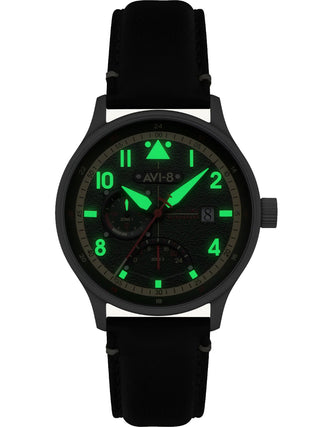 Angle shot of Avi-8 AV-4101-0A Green Dial Black Leather Unisex Watch on white background