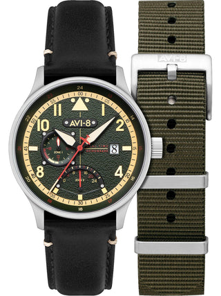 Front view of Avi-8 AV-4101-0A Green Dial Black Leather Unisex Watch on white background