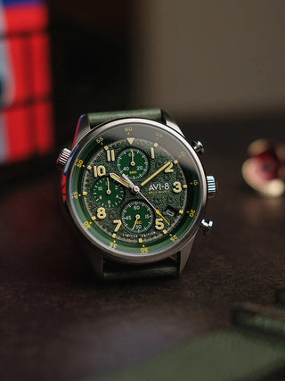 Angle shot of Avi-8 Chronograph AV-4102-RBL-03 Green Leather Unisex Watch on white background