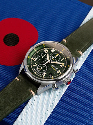 Angle shot of Avi-8 Chronograph AV-4102-RBL-03 Green Leather Unisex Watch on white background