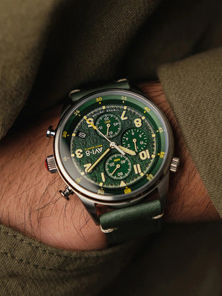 Angle shot of Avi-8 Chronograph AV-4102-RBL-03 Green Leather Unisex Watch on white background