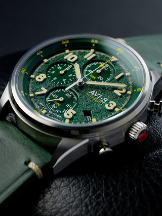 Angle shot of Avi-8 Chronograph AV-4102-RBL-03 Green Leather Unisex Watch on white background