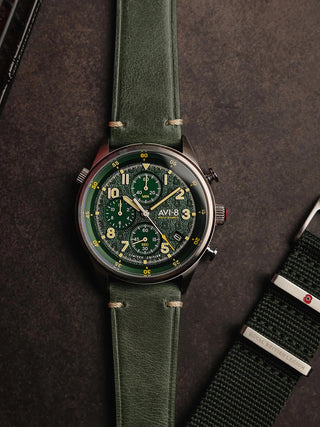 Angle shot of Avi-8 Chronograph AV-4102-RBL-03 Green Leather Unisex Watch on white background