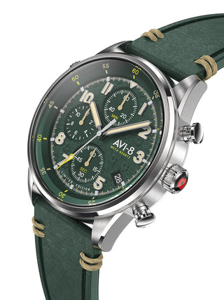 Angle shot of Avi-8 Chronograph AV-4102-RBL-03 Green Leather Unisex Watch on white background