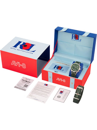 Angle shot of Avi-8 Chronograph AV-4102-RBL-03 Green Leather Unisex Watch on white background