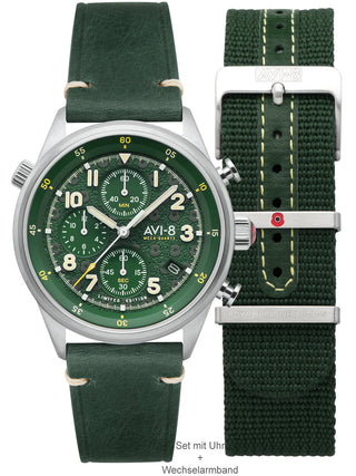 Front view of Avi-8 Chronograph AV-4102-RBL-03 Green Leather Unisex Watch on white background