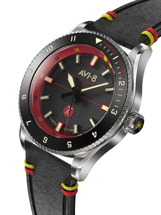 Angle shot of Avi-8 AV-4103-01 Black Leather Unisex Watch on white background