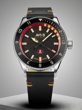 Angle shot of Avi-8 AV-4103-01 Black Leather Unisex Watch on white background