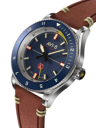 Angle shot of Avi-8 AV-4103-02 Blue Dial Brown Leather Unisex Watch on white background