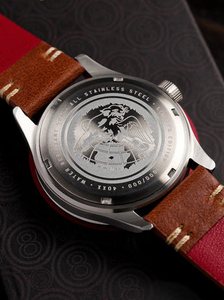 Angle shot of Avi-8 AV-4103-02 Blue Dial Brown Leather Unisex Watch on white background