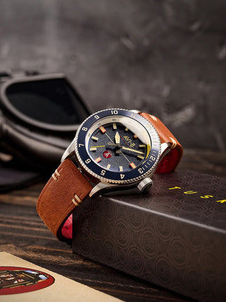 Angle shot of Avi-8 AV-4103-02 Blue Dial Brown Leather Unisex Watch on white background