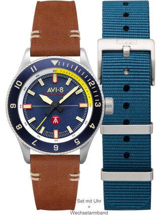 Front view of Avi-8 AV-4103-02 Blue Dial Brown Leather Unisex Watch on white background