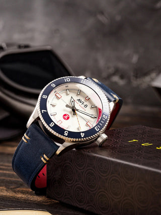 Angle shot of Avi-8 AV-4103-03 White Dial Blue Leather Unisex Watch on white background