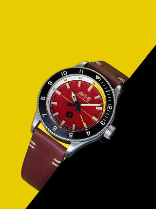 Angle shot of Avi-8 AV-4103-04 Red Dial Leather Unisex Watch on white background