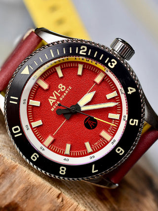 Angle shot of Avi-8 AV-4103-04 Red Dial Leather Unisex Watch on white background