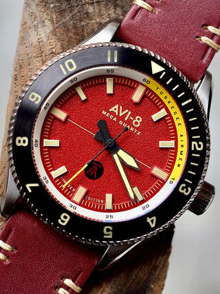 Angle shot of Avi-8 AV-4103-04 Red Dial Leather Unisex Watch on white background