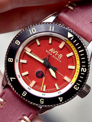 Angle shot of Avi-8 AV-4103-04 Red Dial Leather Unisex Watch on white background