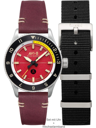 Front view of Avi-8 AV-4103-04 Red Dial Leather Unisex Watch on white background