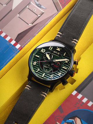 Angle shot of Avi-8 Chronograph AV-4109-04 Green Leather Unisex Watch on white background