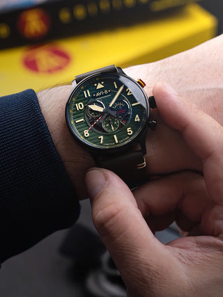 Angle shot of Avi-8 Chronograph AV-4109-04 Green Leather Unisex Watch on white background