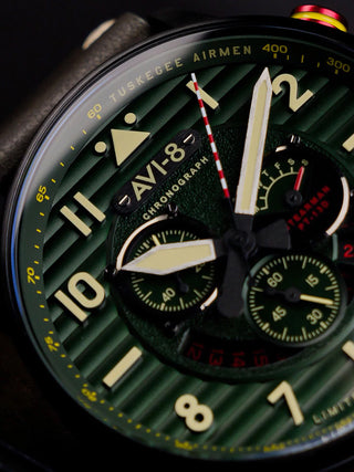 Angle shot of Avi-8 Chronograph AV-4109-04 Green Leather Unisex Watch on white background