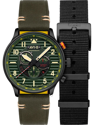 Front view of Avi-8 Chronograph AV-4109-04 Green Leather Unisex Watch on white background