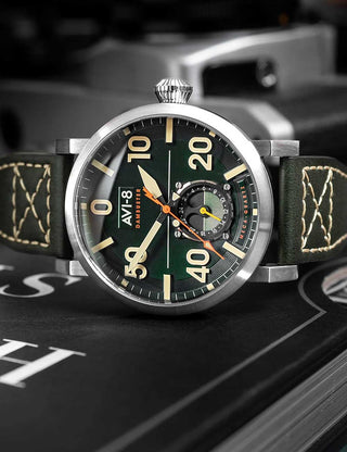 Angle shot of Avi-8 AV-4113-02 Green Dial Brown Leather Unisex Watch on white background