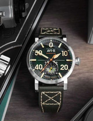 Angle shot of Avi-8 AV-4113-02 Green Dial Brown Leather Unisex Watch on white background