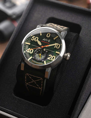 Angle shot of Avi-8 AV-4113-02 Green Dial Brown Leather Unisex Watch on white background