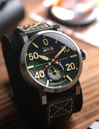 Angle shot of Avi-8 AV-4113-02 Green Dial Brown Leather Unisex Watch on white background