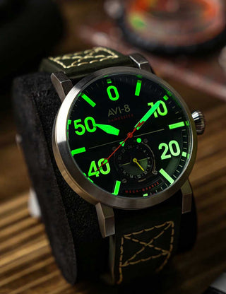 Angle shot of Avi-8 AV-4113-02 Green Dial Brown Leather Unisex Watch on white background