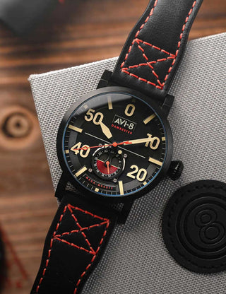 Angle shot of Avi-8 AV-4113-03 Black Leather Unisex Watch on white background