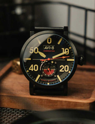 Angle shot of Avi-8 AV-4113-03 Black Leather Unisex Watch on white background