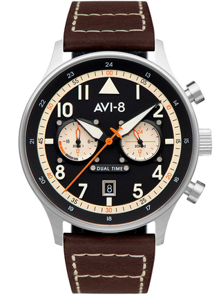 Front view of Avi-8 AV-4088-01 Black Dial Brown Leather Unisex Watch on white background