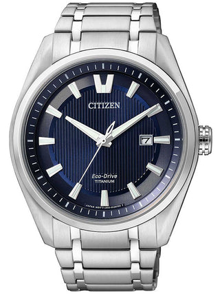 Front view of Citizen AW1240-57L Blue Dial Silver Titanium Unisex Watch on white background