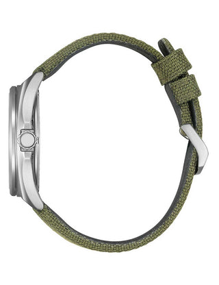 Angle shot of Citizen AW1571-09A White Dial Green Textile Unisex Watch on white background