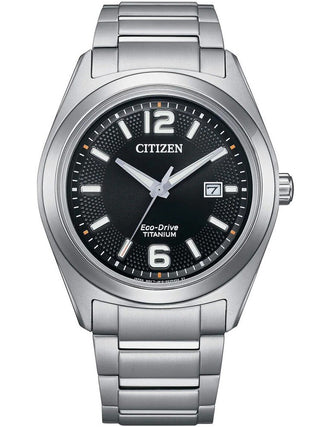 Front view of Citizen AW1641-81E Black Dial Silver Titanium Unisex Watch on white background