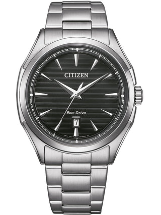 Front view of Citizen AW1750-85E Black Dial Silver Stainless Steel Unisex Watch on white background