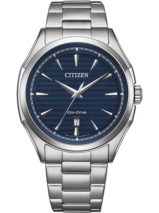 Front view of Citizen AW1750-85L Blue Dial Silver Stainless Steel Unisex Watch on white background