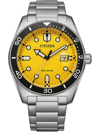 Front view of Citizen AW1760-81Z Yellow Dial Silver Stainless Steel Unisex Watch on white background
