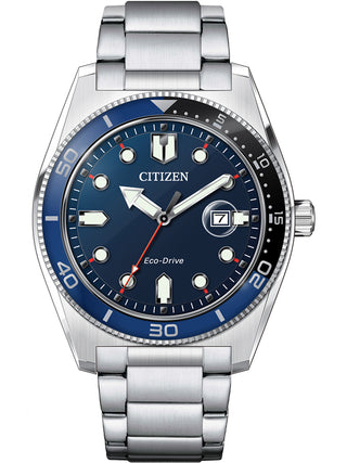 Front view of Citizen AW1761-89L Blue Dial Silver Stainless Steel Unisex Watch on white background