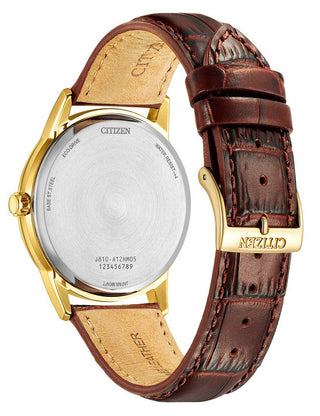 Angle shot of Citizen AW1782-11A Silver Dial Brown Leather Unisex Watch on white background