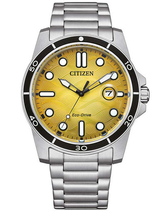 Front view of Citizen AW1816-89X Yellow Dial Silver Stainless Steel Unisex Watch on white background