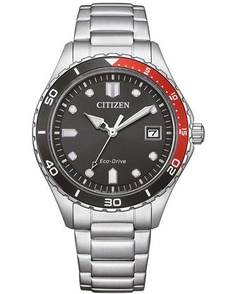 Front view of Citizen AW1820-81E Black Dial Silver Stainless Steel Unisex Watch on white background